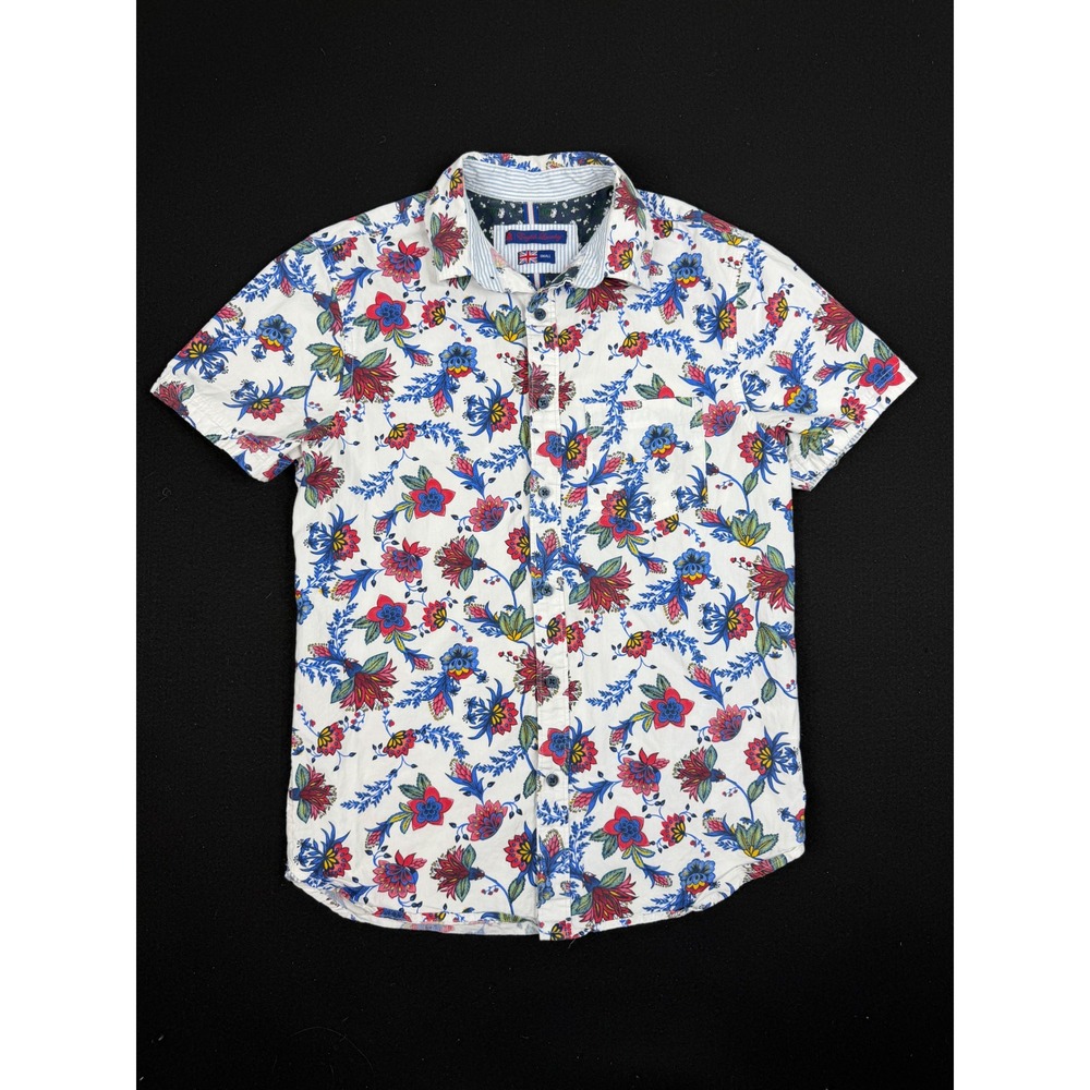English Laundry Mens Small Short Sleeve Floral Paisley Button Down Shirt White